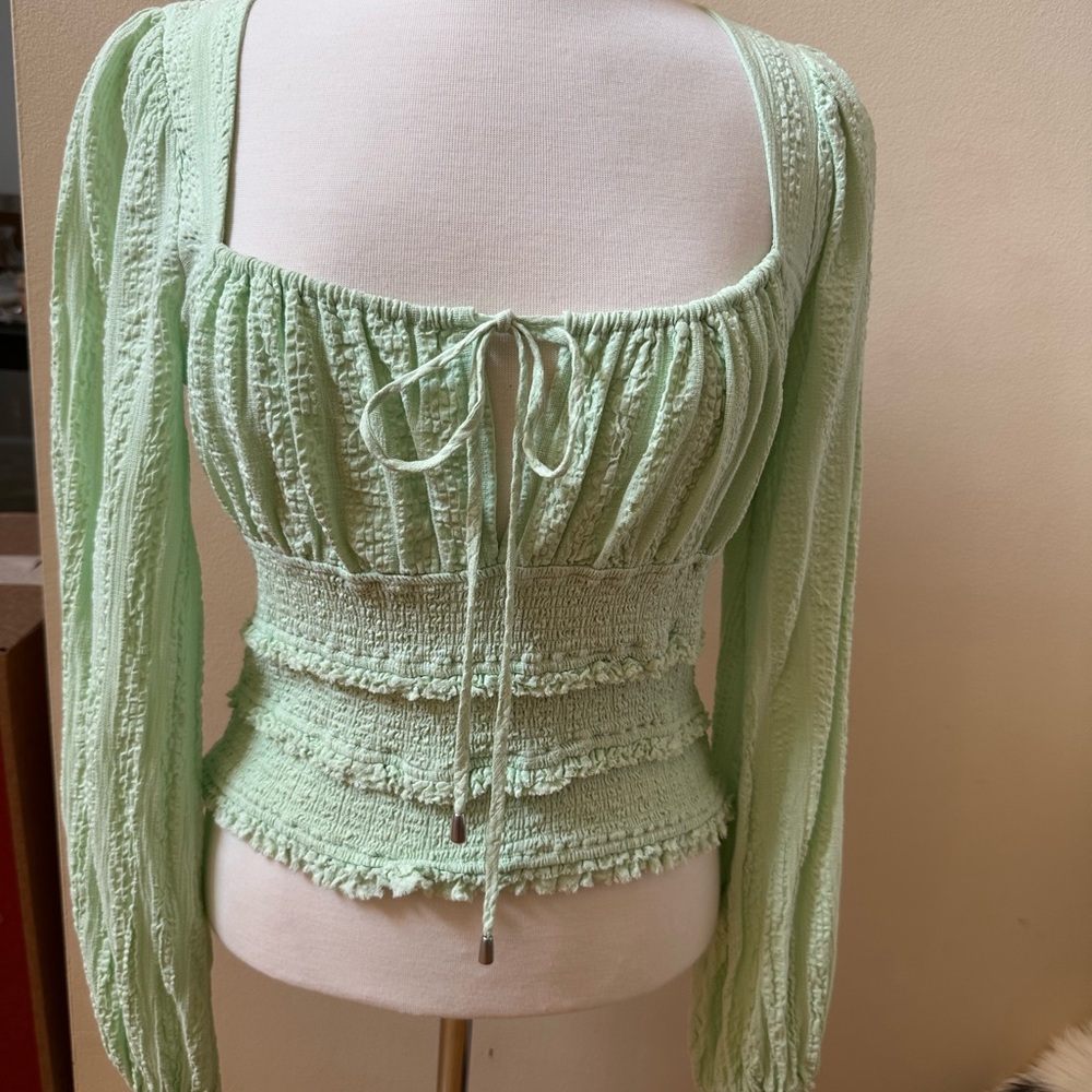 Free People Green Smocked Tie Front Blouse